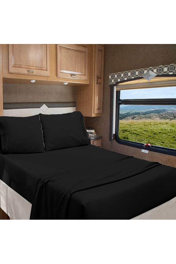 RV Short Queen 60" X 75" | 800-TC Organic Cotton Sheet Set 6 inch Deep Pockets - Made for RV Motorhome Bunk Bed - Black Color