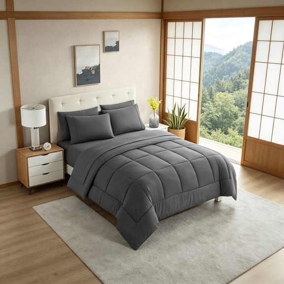 RV Short Queen Comforter Set for RV Camper, Comforter Set with Fitted & Flat Sheet, 4 Pillowcases, Tailored for RV Short Queen Beds, Cozy Essentials, Gray