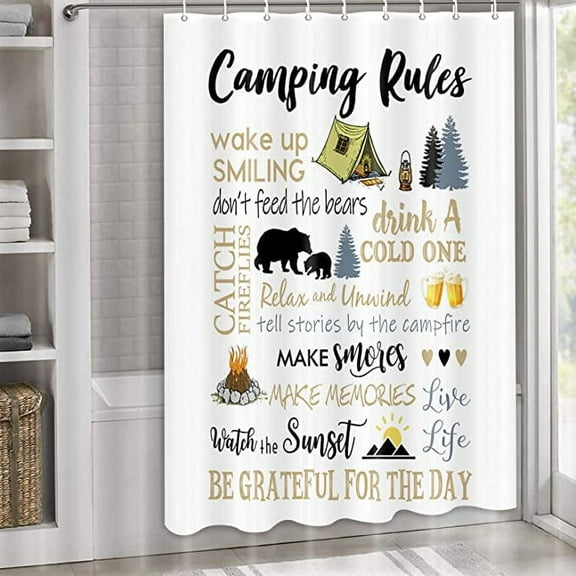 RV Shower Curtain, Camper Bathroom Accessories for Travel Trailers, Camping Shower Curtains for Bathroom, Happy Camper Shorter and Narrow Stall Fabric Bathroom Set Decor with Hooks 47X64 in