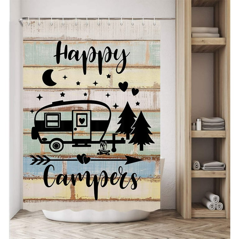 Rv Shower Curtain Camper Happy Bathroom Accessories For Travel Trailers Farmhouse Camping Shorter And Narrow Stall Fabric Decor Hooks Included 47 W X 64 H Com