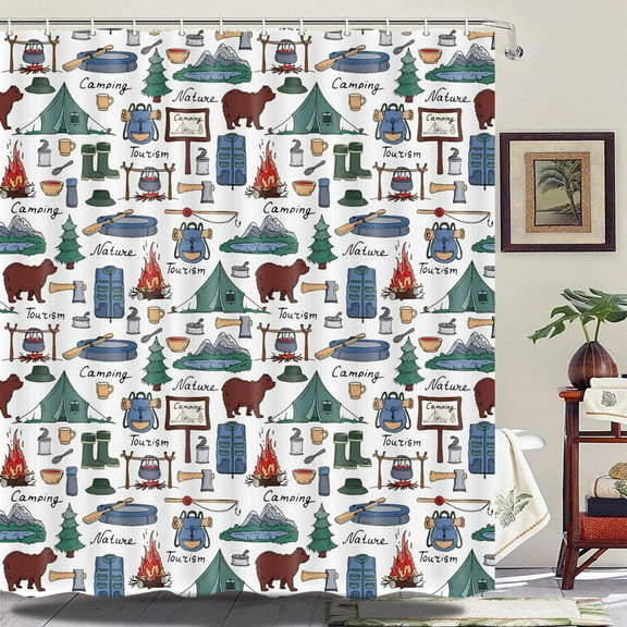 RV Shower Curtain,Happy Camper Shower Curtain, Retro Rustic Wood Neutral Color For Travel Trailer Camping Theme Motor RV Bathroom Stall Shower Curtain Set,60x70in