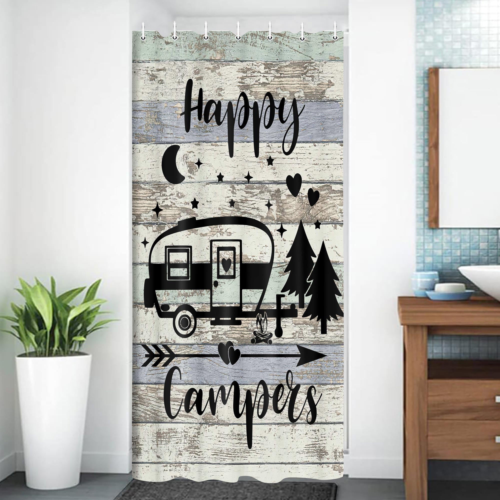RV Shower Curtain,Happy Camper Shower Curtain Retro Rustic Wood Neutral