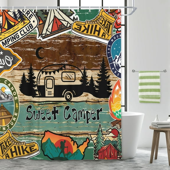 RV Shower Curtain, Retro Rustic Wood Travel Trailer Camping Stall Bathroom Curtains for Kids, Vintage Green Happy Camper Shower Curtain for Camper Farmhouse Camping Shower Curtain with Hooks, 72X72in