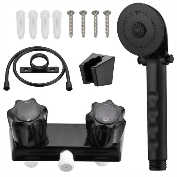 RV Shower Head with Hose, Black Plastic Wall Shower Set, Adjustable Turning Knobs, Includes Wall Mount, Shower Head, Hose, Screws, and Expansion Tubes for Easy Installation