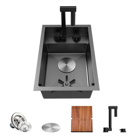 RV Sink, 12 x 17 Inch Undermount Bar Sink Premium Stainless Steel RV Kitchen Sink with Hideaway Faucet and Glass Rinser, Dark Grey