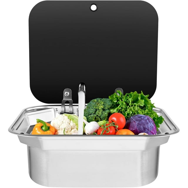 RV Sink Set Outdoor Sink with Folde Faucet and Cover, Stainless Steel
