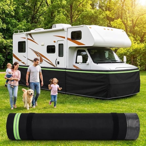 RV Skirting for Travel Trailers, Easy Installation All Weather Waterproof Windproof Cover for Mobile Home Exterior, 2.6x65.6 ft Black with Steel Mesh and Reflective Strips