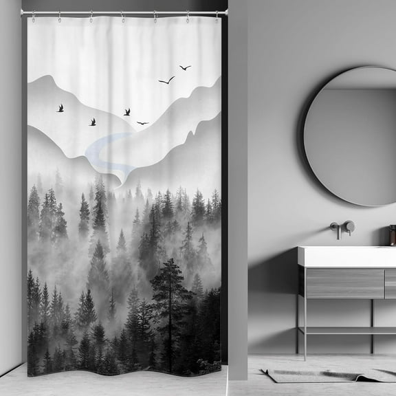 RV Small Stall Shower Curtain for Bathroom Decor 36Wx72H Misty Rainforest Dark Black Mens Nature Narrow Foggy Woodland Mountain Art Printed Fabric Polyester Waterproof 7 Pack Plastic Hooks
