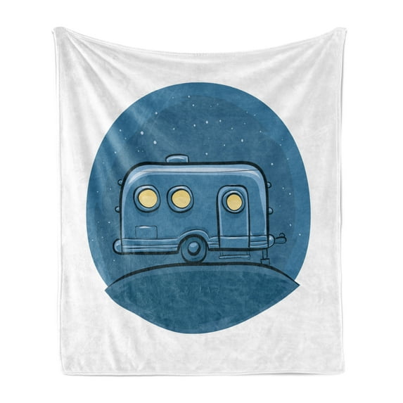 RV Soft Flannel Fleece Blanket, Cartoon Trailer at Night Tranquil Starry Sky Background Doodle Happy Camping Theme, Cozy Plush for Indoor and Outdoor Use, 60" x 80", Blue and White, by Ambesonne
