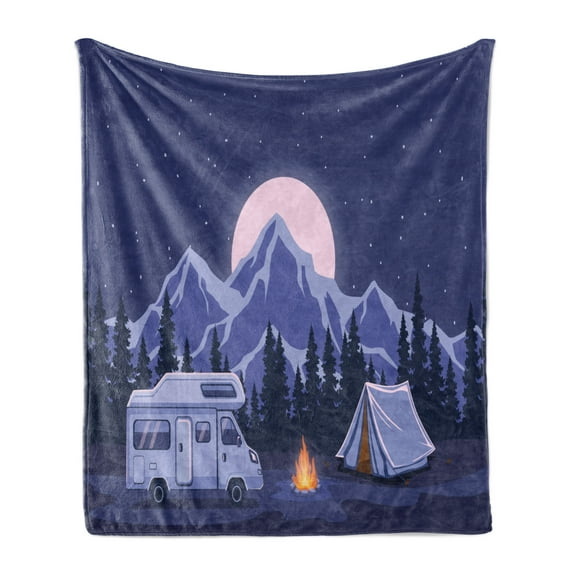RV Soft Flannel Fleece Blanket, Family Adventure Camping Night Scene Pine Forest Rocky Mountains Background, Cozy Plush for Indoor and Outdoor Use, 50" x 60", Violet Blue Dark Blue, by Ambesonne