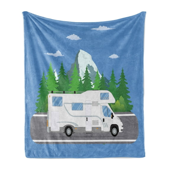RV Soft Flannel Fleece Blanket, Retro Trailer Driving on Forest Area Road Surrounded by Evergreen Trees Open Sky Scenery, Cozy Plush for Indoor and Outdoor Use, 70" x 90", Multicolor, by Ambesonne