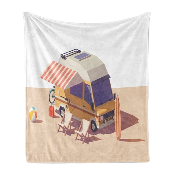 RV Soft Flannel Fleece Throw Blanket, Classic Station RV Camper Van with 2 Chairs and Surfing Board Recreational Vehicle, Cozy Plush for Indoor and Outdoor Use, 50" x 60", Multicolor, by Ambesonne