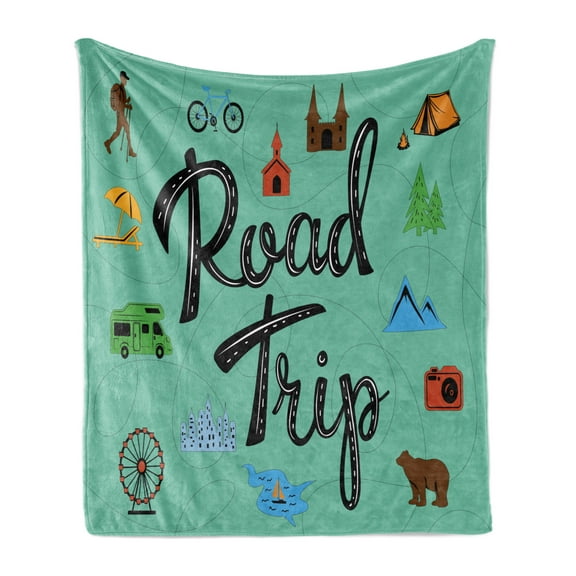 RV Soft Flannel Fleece Throw Blanket, Road Trip Calligraphy with a Map with Points of Interests and Sightseeings, Cozy Plush for Indoor and Outdoor Use, 60" x 80", Multicolor, by Ambesonne