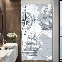 RV Stall Small Nautical Sailboat Map Shower Curtain 36Wx72H Inch Narrow Walkin Boys Boat Ship Compass Anchor Stand Up Decor Fabric Polyester Waterproof Fabric 7 Pack Plastic Hooks WW-HRRS