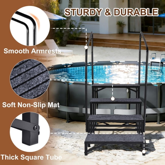 RV Step Stool, 4 Step Ladder, Hot Tub Steps with Handrail, Portable Pool Ladder, 440Lbs Heavy Duty Ladder Shelf Outdoor Mobile Home Stairs for Camper/Porch/SPA Pool/Pet Stairs(1 Pack)