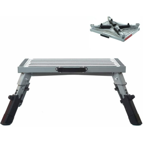 RV Step Stool, Adjustable Height Aluminum Folding Platform 16.5" x 12" with Non-Slip Rubber Feet, Reflective Stripe, Handle, RV T Level, 1000 lbs, for Trailer, Truck, Outdoor