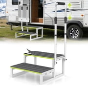RV Step Stool with Handrail, 2 Step Ladder with 1 Handrails, Wide Platform & Anti-Slip Mats, Portable Stairs for Hot Tub/Camper/Mobile Home/Porch/SPA Pool/Pet Stairs