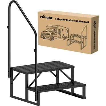 RV Steps with Handrail, 2 Steps Hot Tub Steps Outdoor RV Stairs Step Portable Mobile Motor Home Stairs for Camper Travel Trailers Dock Entry Steps 5th Wheel RV Porch with Anti-Slip Handrail