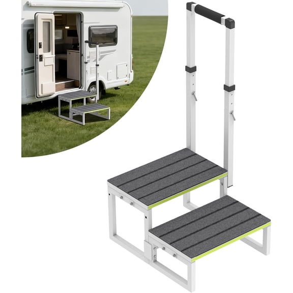 RV Steps with Handrail (26"-38"), Dual-Side Setup, Portable 2-Step RV Stairs with Wide Anti-Slip Mats, Ideal for RVs, Porches, Hot Tubs, Pools, and Pets