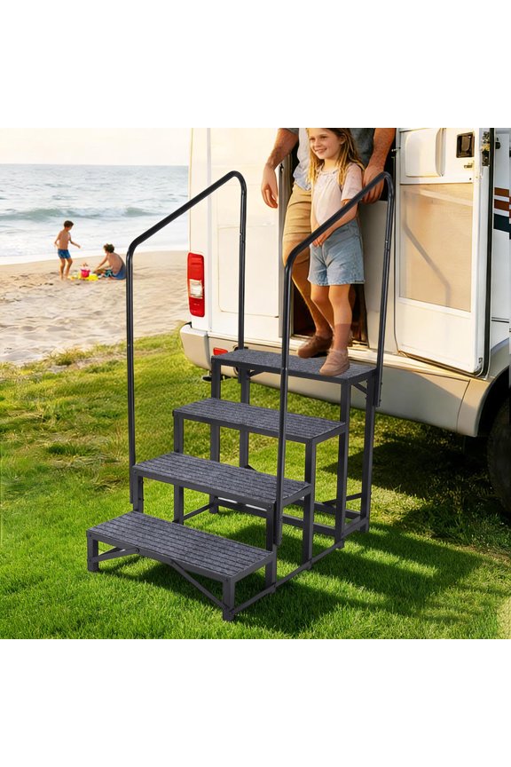 RV Steps with Handrail, 4 Steps Hot Tub Steps Outdoor RV Stairs Step Portable Mobile Motor Home Stairs for Camper Travel Trailers Dock Entry Steps Wheel RV Porch with Anti-Slip Handrail