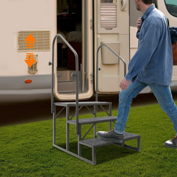 RV Steps Hot Tub Steps with 2 Side Handrails Non-Slip Mat, 3-Step Heavy Duty Steel Stairs Camper Steps Spa Steps for RV Travel Trailer Camper Trailer