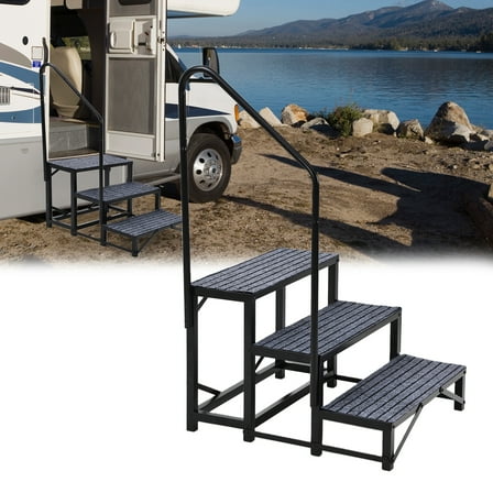 RV Steps with Single Handrail, 3-Step RV Stairs Hot Tub Steps with Non-Slip Mats, 660 LBS Weight Capacity, Portable Step Ladder for Travel Trailer, Camper, Porch, Outdoor Pool, Pets