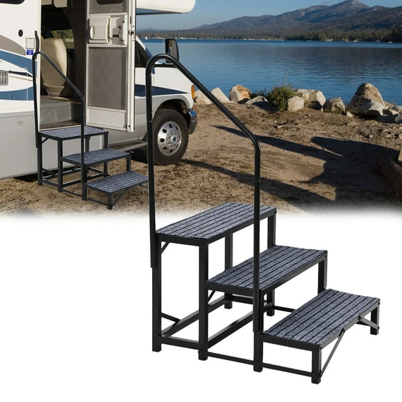 RV Steps with Single Handrail, 3-Step RV Stairs Hot Tub Steps with Non-Slip Mats, 660 LBS Weight Capacity, Portable Step Ladder for Travel Trailer, Camper, Porch, Outdoor Pool, Pets