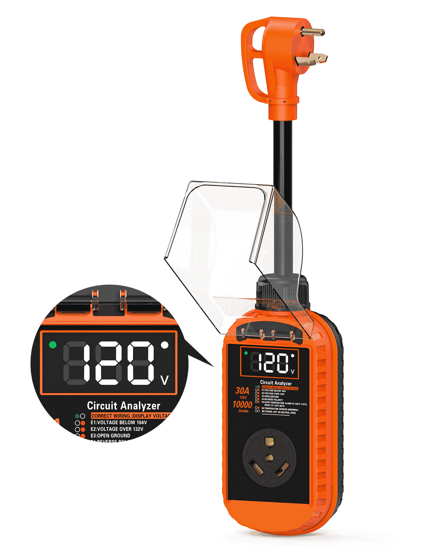 RV Surge Protector 30 Amp, 10,000J Smart 30 Amp RV Surge Protector with Auto Shutoff & Reset, RV Circuit Analyzer with LED Display, Voltage & Temperature Protection, IP67 Waterproof - Orange