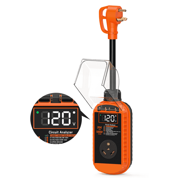 RV Surge Protector 30 Amp, 10,000J Smart 30 Amp RV Surge Protector with Auto Shutoff & Reset, RV Circuit Analyzer with LED Display, Voltage & Temperature Protection, IP67 Waterproof - Orange