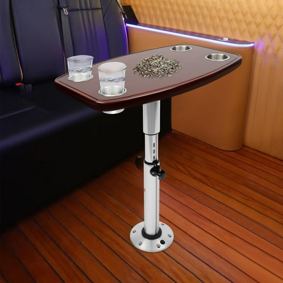 RV Table Marine Boat Table,24"x15" Removable Adjustable Pedestal Stand Table with 4 Cup Slots Brown