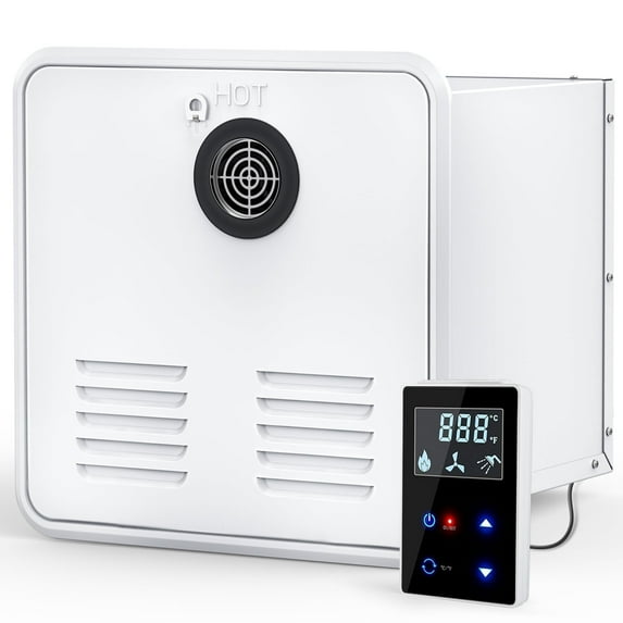 RV Tankless Water Heater, with 15 x 15 inches White Door and Remote Controller, DC 12V, Best High Altitude Performance, Ideal for RVers' Daily Use