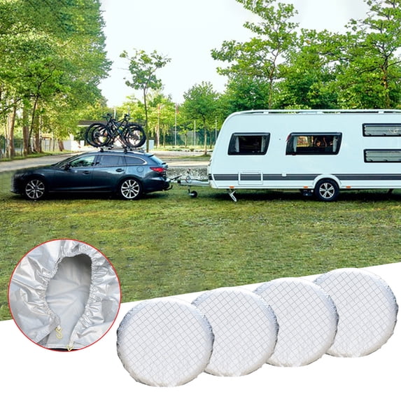RV Tire Covers 4 Pack for Trailer, Motorhome and Truck – Waterproof Sun and Weather Protection Wheel Covers with Elastic Fit and Storage Bag, Fits 24-32 Inch Tires