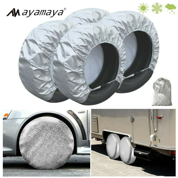 RV Tire Covers Set of 4 AYAMAYA Waterproof Winter Aluminum Tire Cover RV Wheel Covers for Truck Camper SUV Fits 26 to 28 inches (Silver)