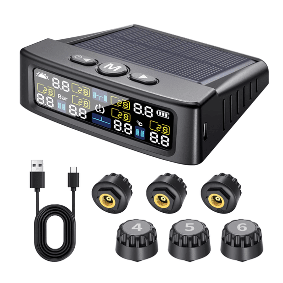 RV Tire Pressure Monitoring System, TPMS with USB/Solar Charge, Set of 6 Sensors, 6 Alarm Modes, 50ft Range, 0-116PSI for RV/Truck/SUV/Towing Medium Trailer