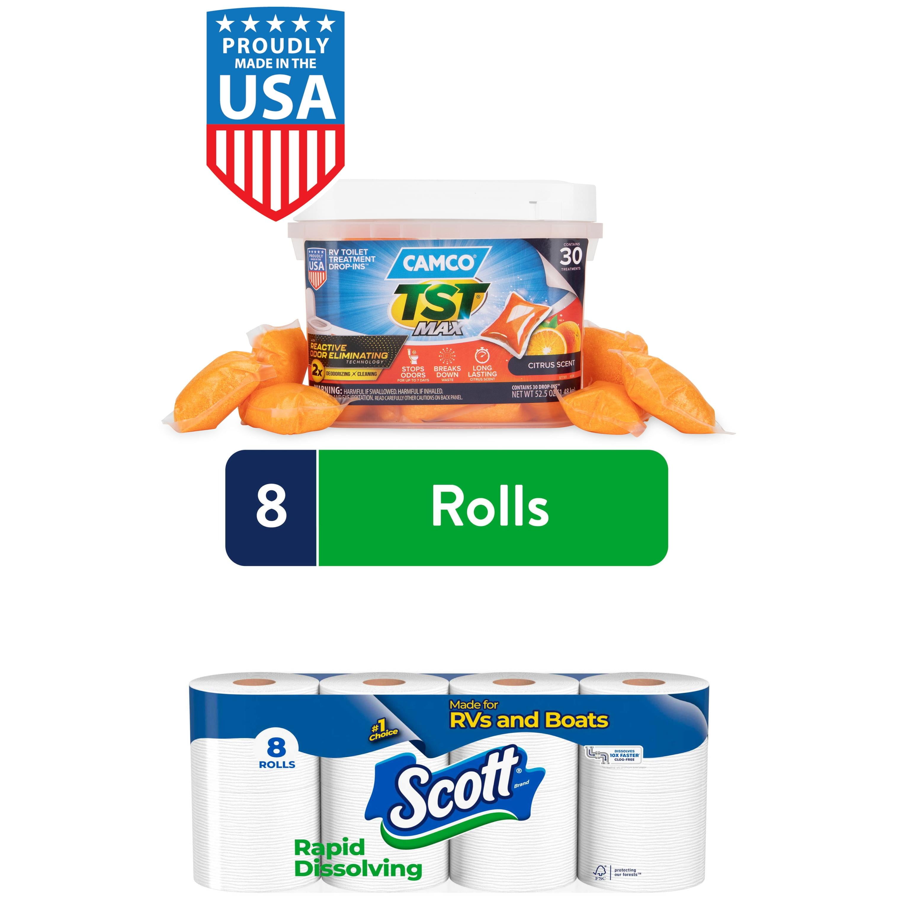 RV Toilet & Holding Tank Treatment Essentials Bundle – Scott Rapid-Dissolving Toilet Paper (8 Rolls) + Camco TST MAX Drop-Ins