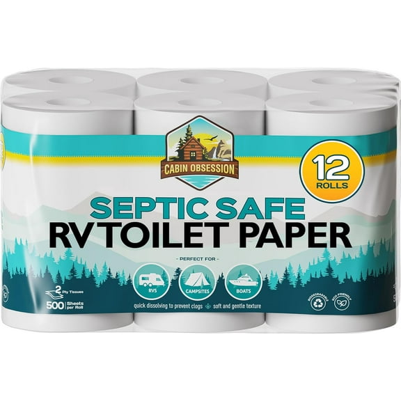 RV Toilet Paper - 12 Pack Septic Safe Toilet Paper 2-Ply Quick Dissolving Camper Tissue Paper Septic Safe to Prevent Clogs - Perfect for Automotive RVs, Septic Tank Systems, Boats, and Camping