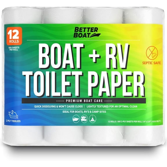 RV Toilet Paper 12 Rolls (500 Sheets Each) - Rapid Dissolving 2-Ply, Septic Safe for Camper & Marine, Individually Wrapped Camping Tissue -