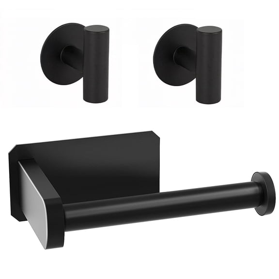 QianSai RV Toilet Paper Holder, Self-Adhesive Stainless Steel Tissue Roll Dispenser with 2 Hooks, No-Drill Wall Mount for Camper, Bathroom, Kitchen, Black