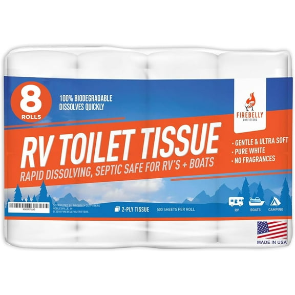 RV Toilet Paper, Septic Tank Safe-MADE IN THE USA- 8 Rolls,2-Ply 500 Sheets - Fast Dissolve Bath Tissue for Camping, Marine, RV Holding Tanks, Biodegradable -