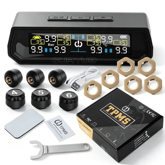 RV Trailer TPMS Tire Pressure Monitoring System, 6 External Sensors, Solar LCD Monitor, 6 Safety Alarms