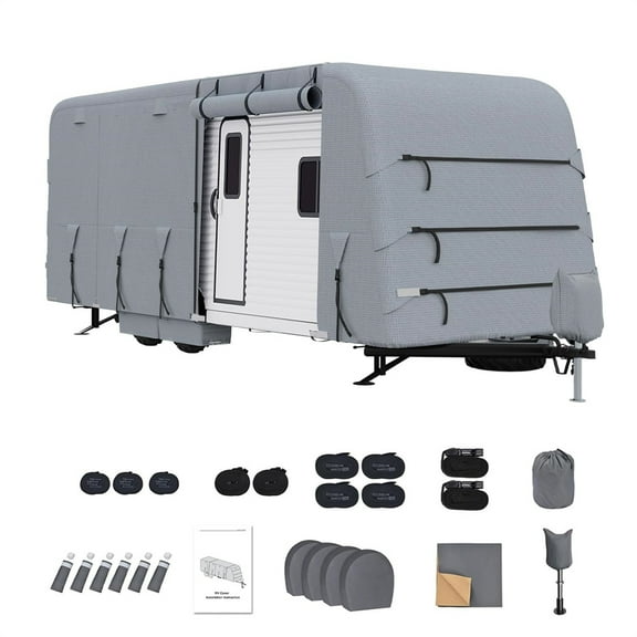 RV Travel Trailer Cover, Heavy Duty Extra-Thick Upgraded Camper Cover with Zippered Door, Windproof Waterproof Rip-Stop RV Covers with Jack Cover, 6 Gutter Covers, 2 Extra Straps