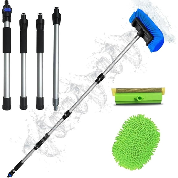 Ultimate RV/Truck Wash Brush Kit 68" Adjustable Aluminum Pole with Flow-Thru Hose Attachment, Soft Bristles w. Replaceable Chenille Mop Squeegee, Reinforced Connectors Safe for Car/Truck/RV/SUV