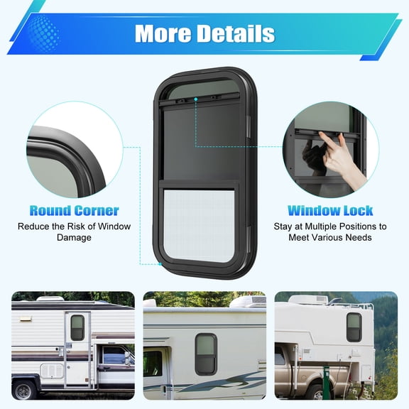 RV Vertical Sliding Window, 12" x 22" Tinted Camper Window with Mounting Trim Ring & Screws Replacement Window for Travel Trailer, Teardrop & Cargo Trailer
