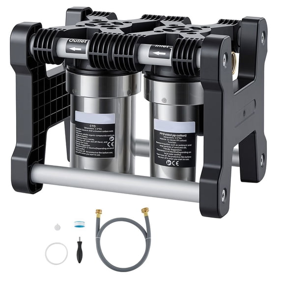 RV Water Filter System, 5-Micron Dual Stage Premium RV Water Filtration System with Two Cartridges and 3/4" Fitting for RVs & Campers, Reduces Sediment, Chlorine, Heavy Metals, Odors and More