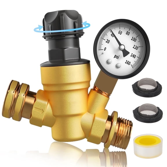 RV Water Pressure Regulator Valve, 3/4" Brass Lead-Free Adjustable Water Pressure Reducer with Gauge and Inlet Screen Filter for RV Camper Travel Trailer