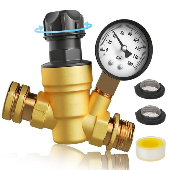 RV Water Pressure Regulator Valve, 3/4" Brass Lead-Free Adjustable Water Pressure Reducer with Gauge and Inlet Screen Filter for RV Camper Travel Trailer