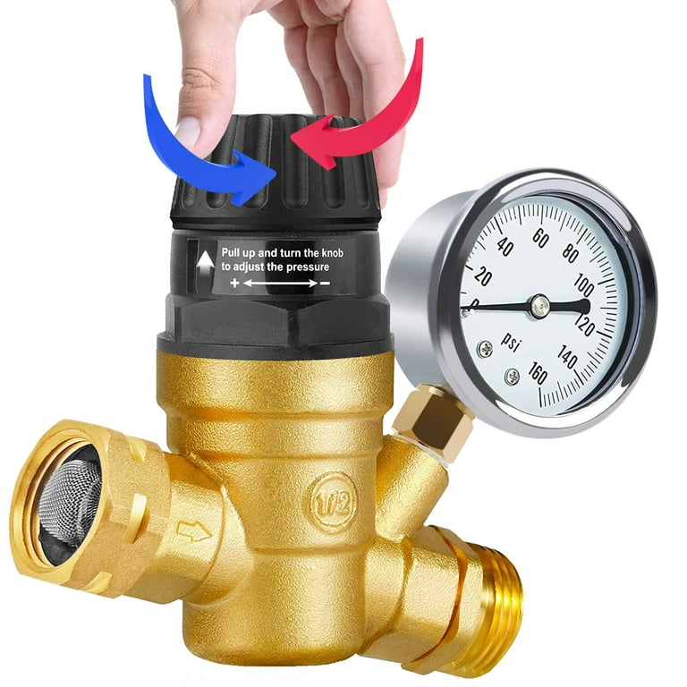 RV Water Pressure Regulator with Gauge, Adjustable