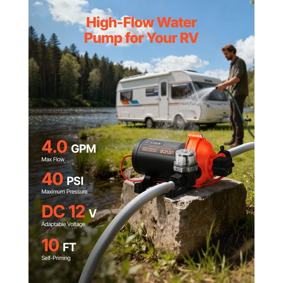 RV Water Pump,12V DC 4 GPM (15.1 L/min),3-Chamber Self-Priming Diaphragm Water Pump with Automatic Pressure Switch,40 PSI Max Pressure,On Demand for RV,Caravan,Marine,Yacht,Car Washing