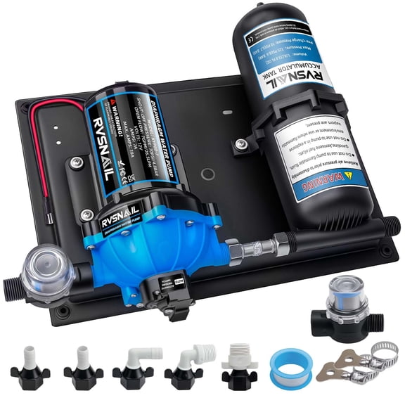 RV Water Pump 7GPM 70PSI 12V DC and 1L 125PSI Pre-Pressurized Accumulator Tank, Quiet RV Water Pump and 5-Cavity Accumulator Tank Kit for RV Camping, Boats, Kitchens, and Bathrooms