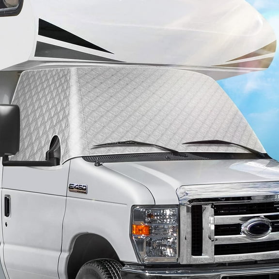 RV Windshield Cover Compatible with Class C Ford E450 1997-2024 Motorhome,Windshield Cover for Ice and Snow RV Front Window Sunshade UV Block 4 Layers with Mirror Cutouts Silver, Car essentials